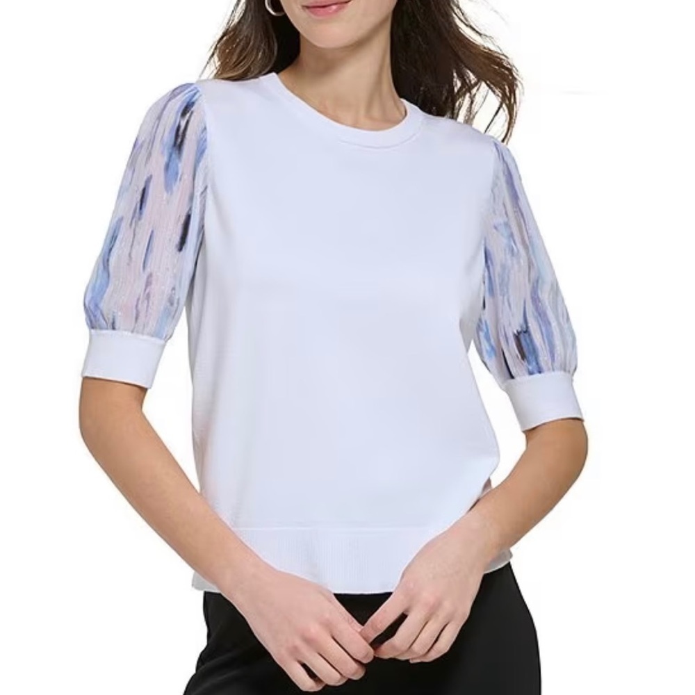 DKNY White Top with Blue Patterned Puff Sleeves